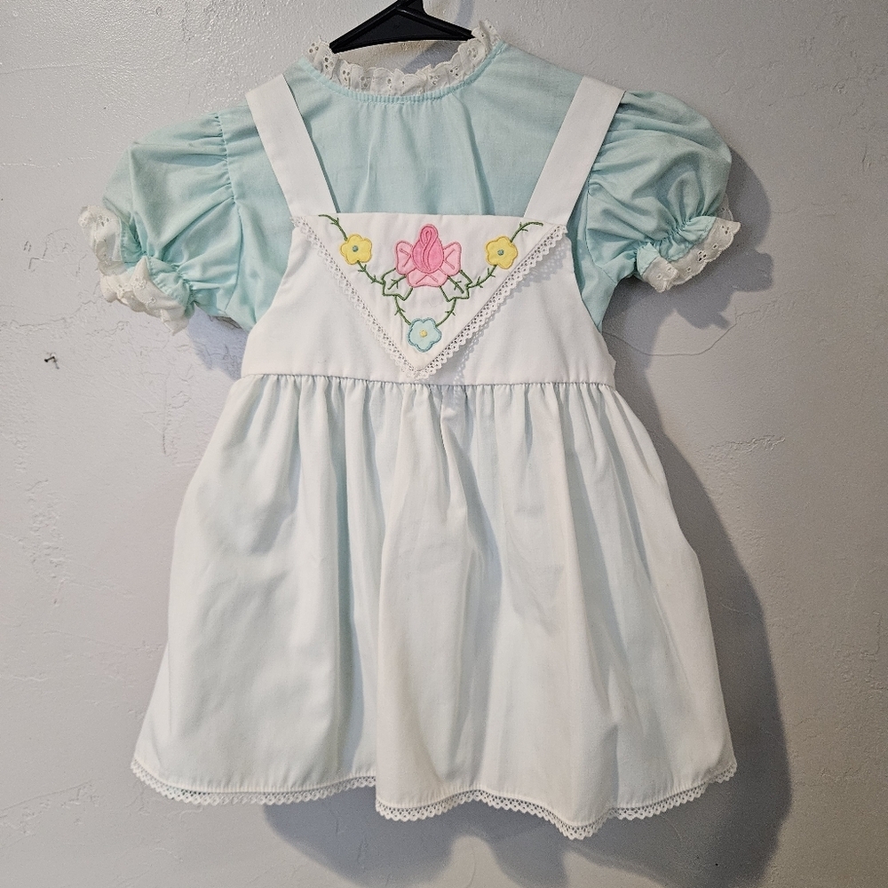Toddle Time by JCPenney Vintage Toddler Girl 4T Blue White Pinafore Dress Apron